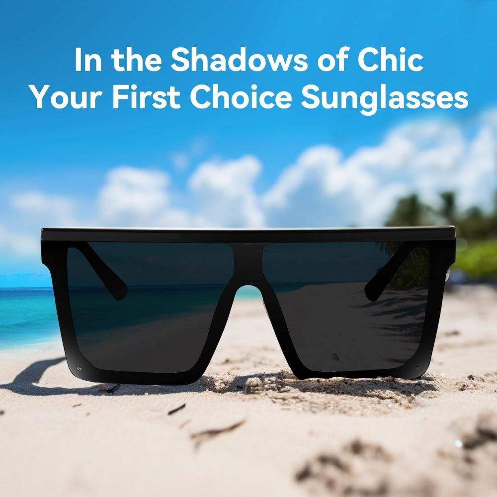 Square Oversized Sunglasses for Women Men Fashion Flat Top Big Black Frame Shades - Image 2