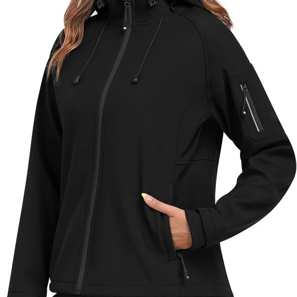 Women's Fleece Lined Softshell Jacket Hooded Windproof Lightweight Insulated Jacket Full Zip Warm Coat