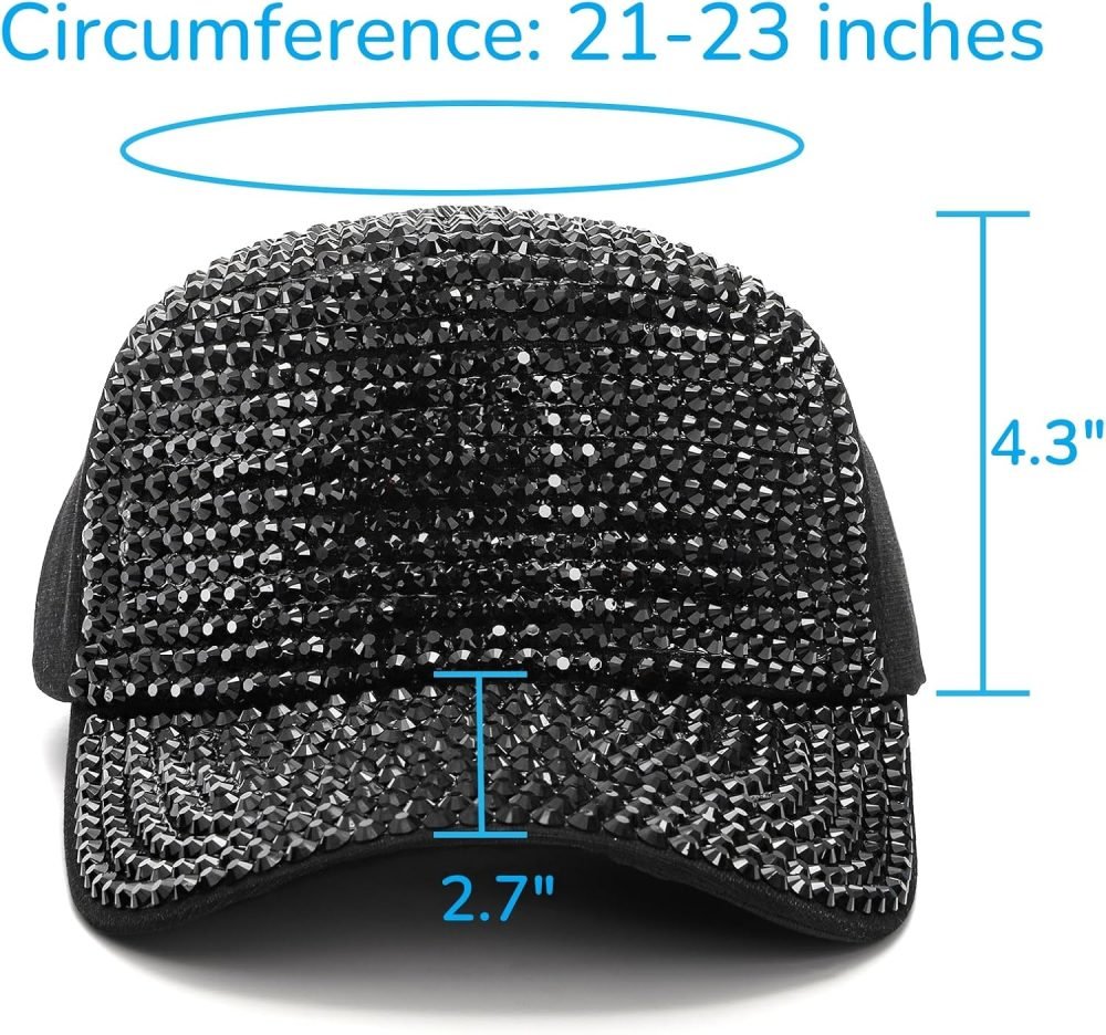 Set of 2 Rhinestone Baseball Caps, Adjustable Snapback Baseball Hat for Women Men, Breathable Sparkle Bling Sun Hat for Sport, Party, Outdoor Activities Black - Image 2