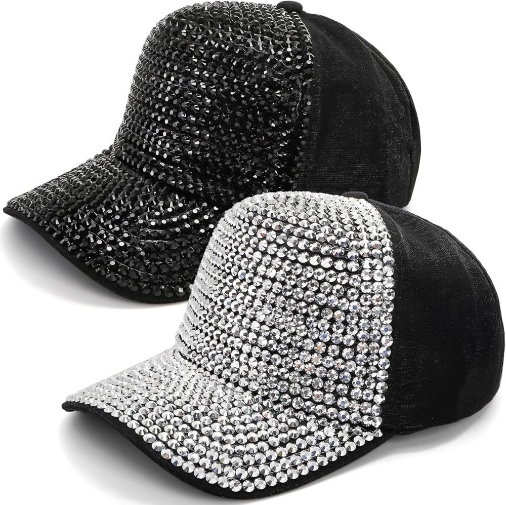 Set of 2 Rhinestone Baseball Caps, Adjustable Snapback Baseball Hat for Women Men, Breathable Sparkle Bling Sun Hat for Sport, Party, Outdoor Activities Black