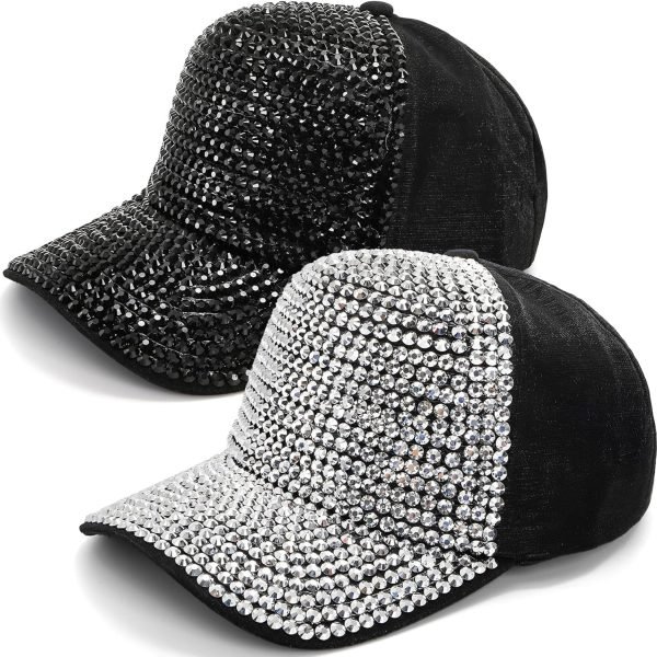 Set of 2 Rhinestone Baseball Caps, Adjustable Snapback Baseball Hat for Women Men, Breathable Sparkle Bling Sun Hat for Sport, Party, Outdoor Activities Black