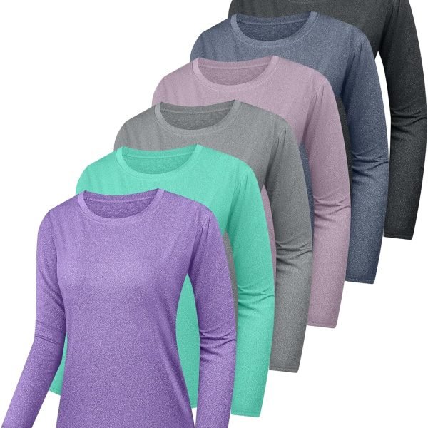 6 Pack Women's Long Sleeve Workout Dry Fit Shirts, UPF 50+ Rash Guard SPF UV Sun Protection Shirts Crew Neck